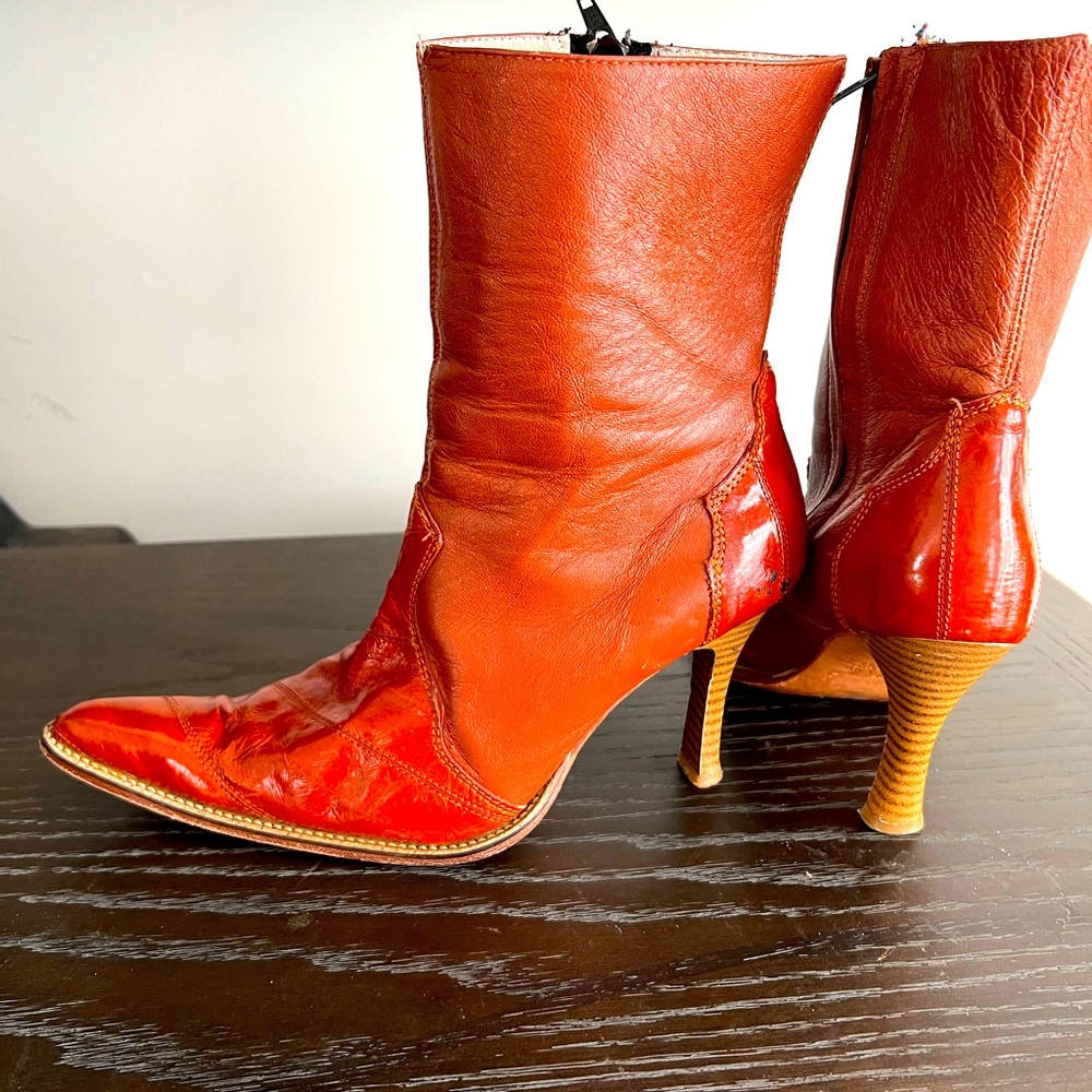 Above the Ankle Hand Stitched Orange Leather Western Boot with side zipper!